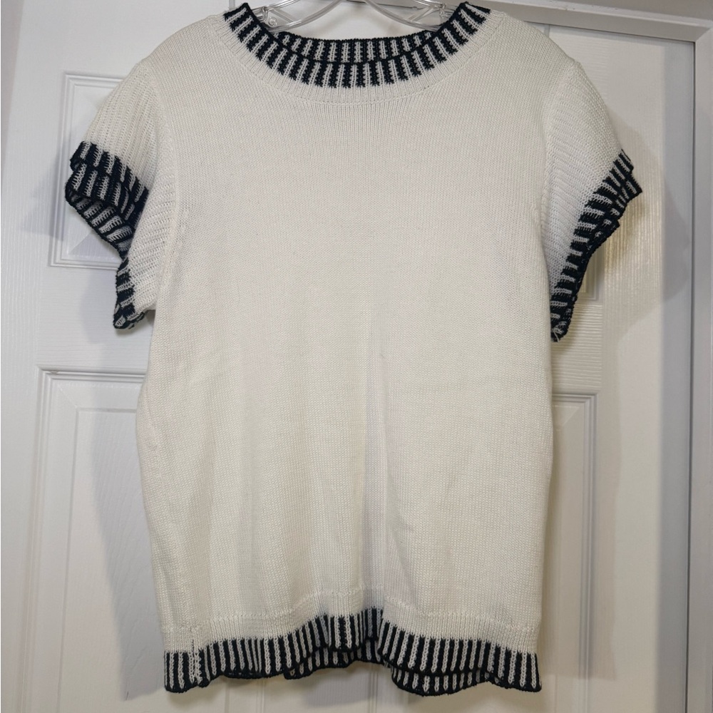 White Knit Top with Black Striped Trim